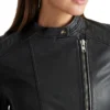 Black Womens Real Leather Cafe Racer Jacket Collar webp