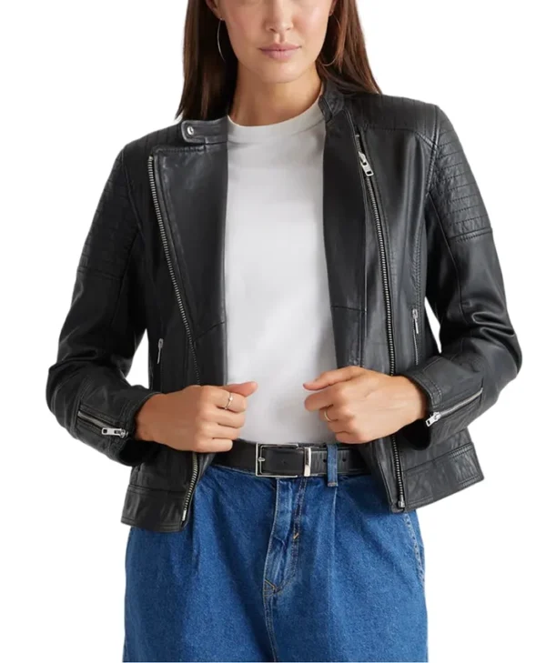 Black Womens Real Leather Cafe Racer Jacket Main webp