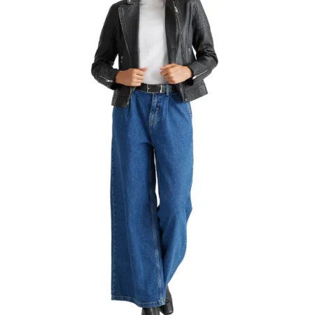 Black Womens Real Leather Cafe Racer Jacket Stand webp