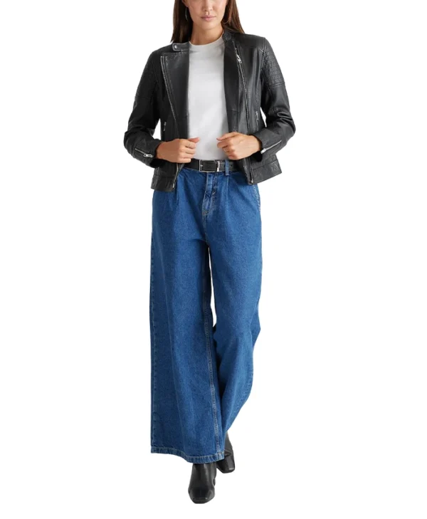 Black Womens Real Leather Cafe Racer Jacket Stand webp