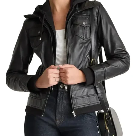 Black Womens Vintage Leather Bomber Jacket Main webp