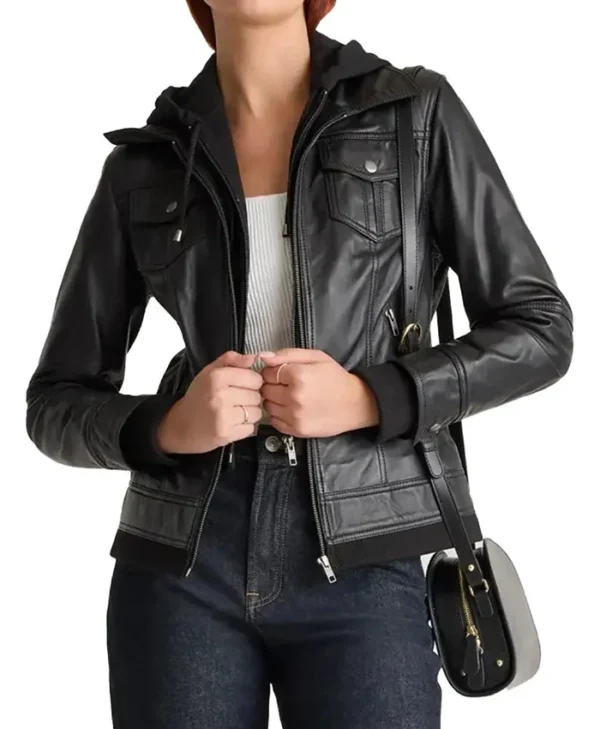 Black Womens Vintage Leather Bomber Jacket Main webp