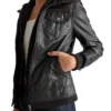 Black Womens Vintage Leather Bomber Jacket Right Side webp