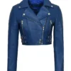 Blue Cropped Leather Jacket webp