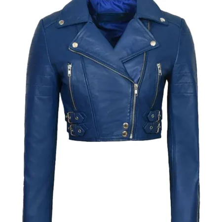 Blue Cropped Leather Jacket webp