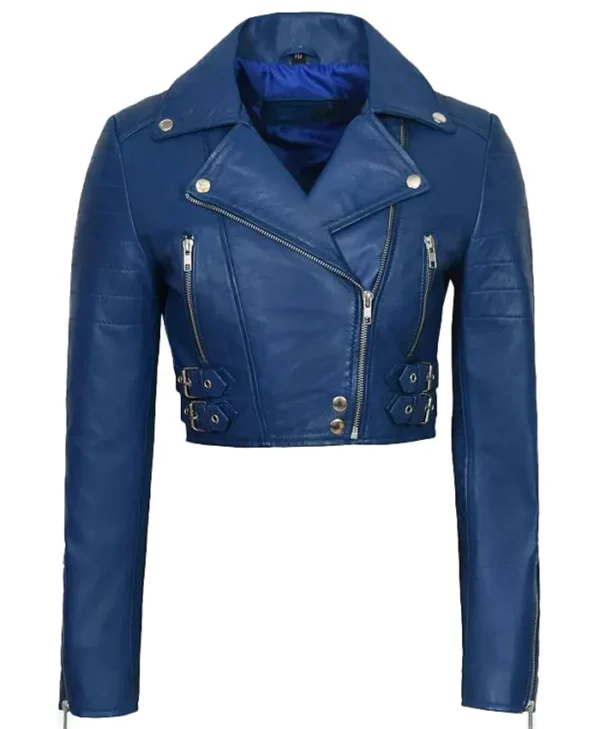Blue Cropped Leather Jacket webp