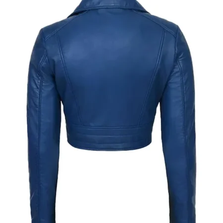 Blue Cropped Leather Jacket Back webp