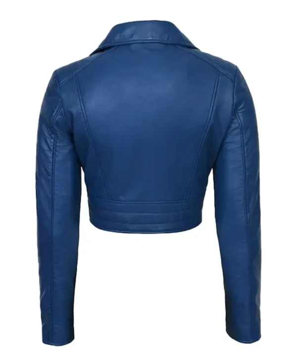 Blue Cropped Leather Jacket Back webp