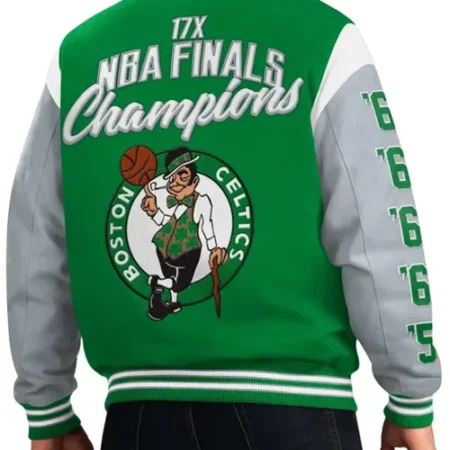 Boston Celtics Franchise Green and Gray Varsity Jacket Back webp