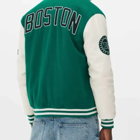 Boston Celtics Green and Off White Varsity Jacket Back webp