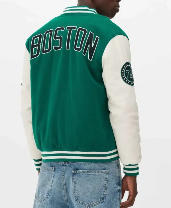 Boston Celtics Green and Off White Varsity Jacket Back webp