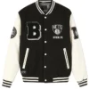 Brooklyn Nets Black and Off White Varsity Jacket webp
