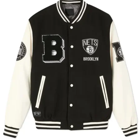Brooklyn Nets Black and Off White Varsity Jacket webp