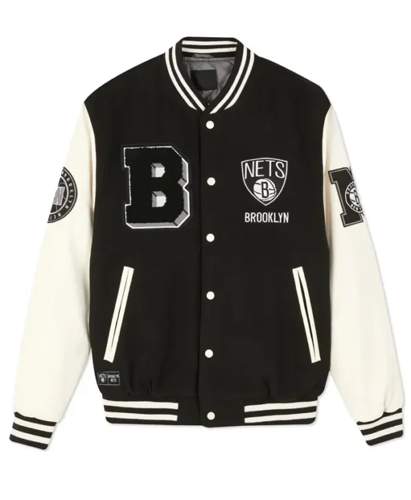 Brooklyn Nets Black and Off White Varsity Jacket webp