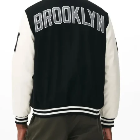 Brooklyn Nets Black and Off White Varsity Jacket Back webp