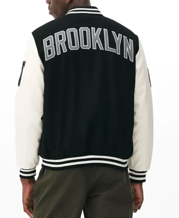 Brooklyn Nets Black and Off White Varsity Jacket Back webp