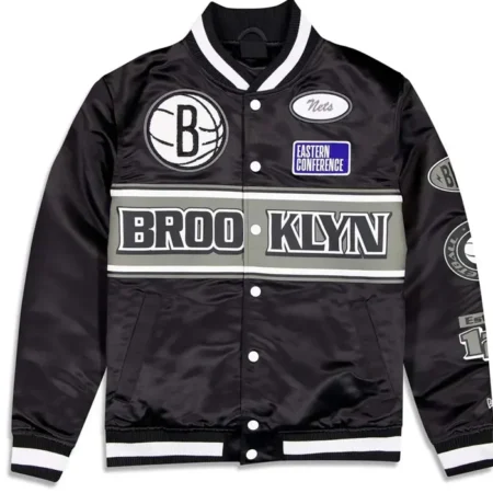 Brooklyn Nets Rally Drive 2024 Satin Varsity Jacket webp