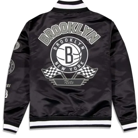Brooklyn Nets Rally Drive 2024 Satin Varsity Jacket Back webp