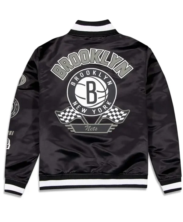 Brooklyn Nets Rally Drive 2024 Satin Varsity Jacket Back webp