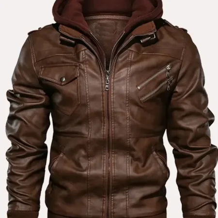 Brown Faux Leather Bomber Jacket webp