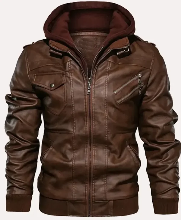 Brown Faux Leather Bomber Jacket webp