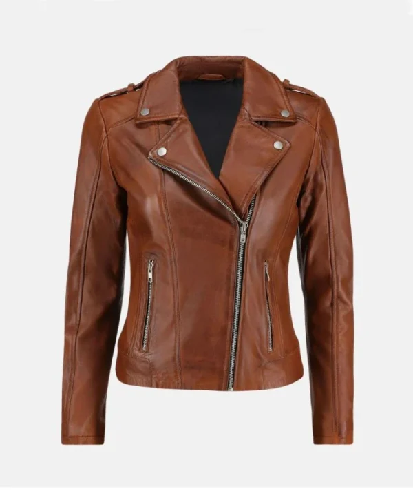 Brown Womens Classic Biker Leather Jacket 1 webp