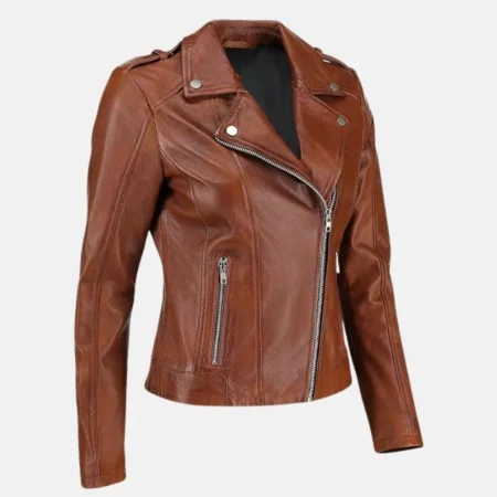Brown Womens Classic Biker Leather Jacket Left Side webp