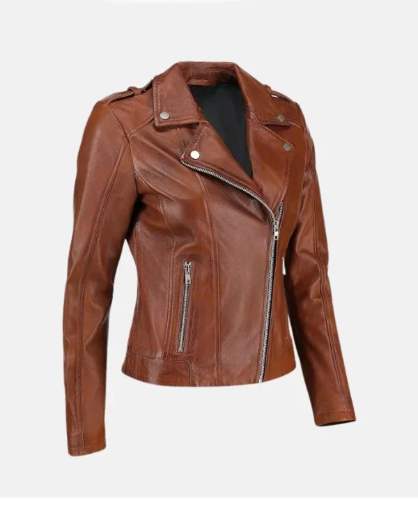 Brown Womens Classic Biker Leather Jacket Left Side webp
