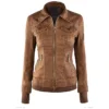 Brown Womens Hooded Leather Jacket Collar webp