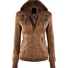 Brown Womens Hooded Leather Jacket Main webp