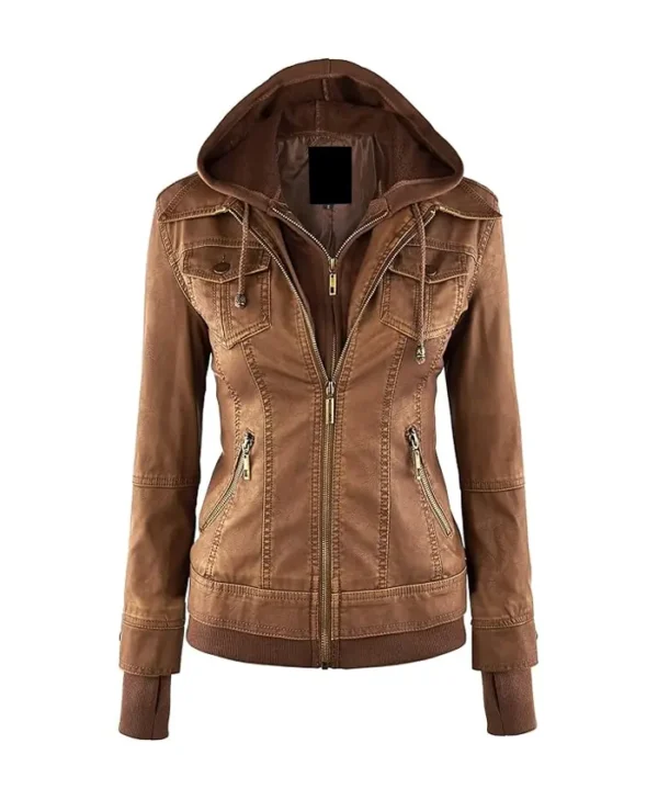 Brown Womens Hooded Leather Jacket Main webp