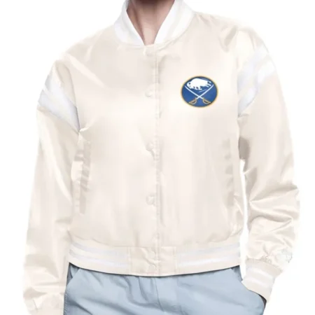 Buffalo Sabres Printed Logo Varsity Cream Satin Jacket webp