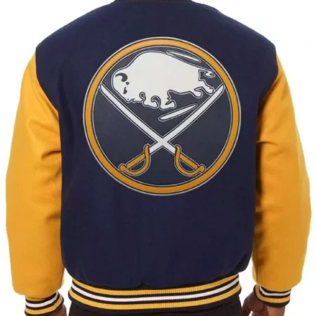 Buffalo Sabres Varsity Navy Blue and Yellow WoolLeather Jacket webp