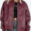 Burgundy Faux Leather Bomber Jacket webp