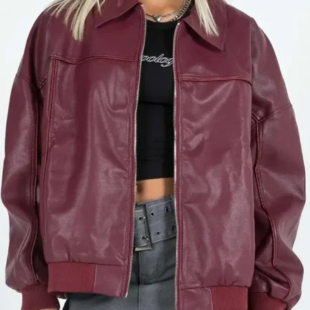 Burgundy Faux Leather Bomber Jacket webp