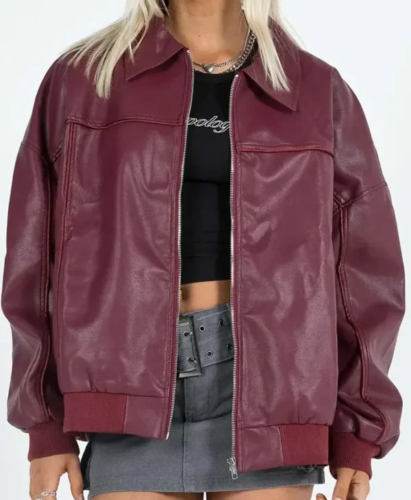 Burgundy Faux Leather Bomber Jacket webp