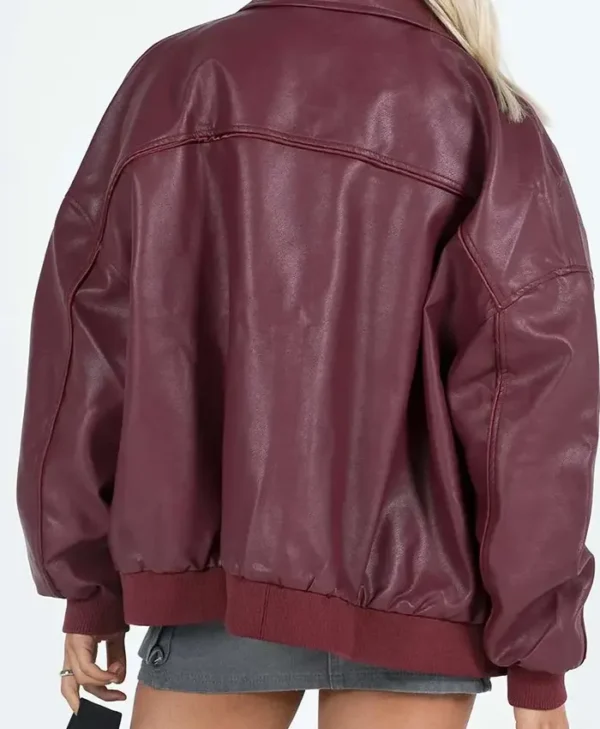 Burgundy Faux Leather Bomber Jacket Back webp