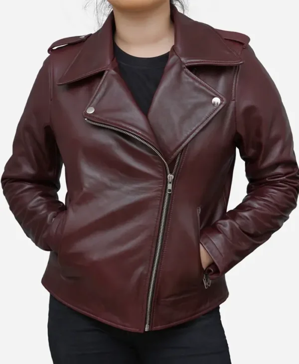 Burgundy Leather Biker Jacket webp