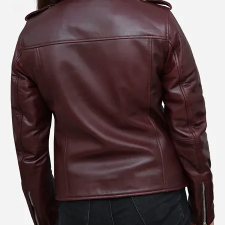 Burgundy Leather Biker Jacket Back webp
