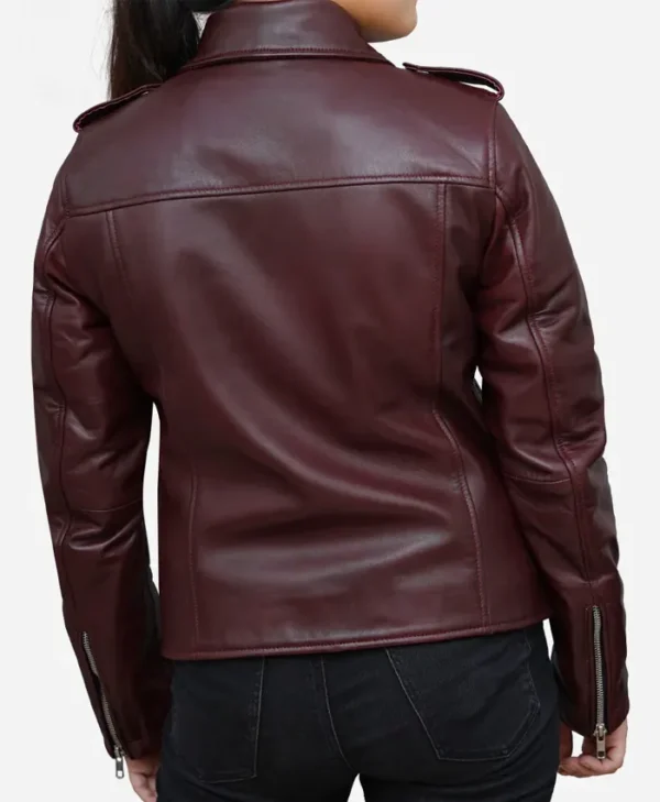 Burgundy Leather Biker Jacket Back webp