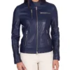 Cafe Racer Style Navy Blue Biker Jacket Womens Closure webp
