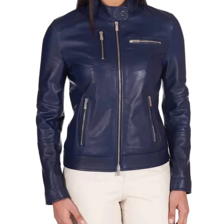 Cafe Racer Style Navy Blue Biker Jacket Womens Closure webp