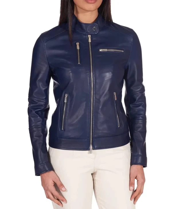 Cafe Racer Style Navy Blue Biker Jacket Womens Closure webp