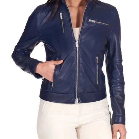 Cafe Racer Style Navy Blue Biker Jacket Womens Main webp