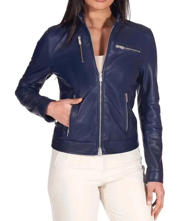 Cafe Racer Style Navy Blue Biker Jacket Womens Main webp