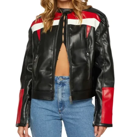 Cafe Racer Womens Red And Black Leather Jacket Main webp