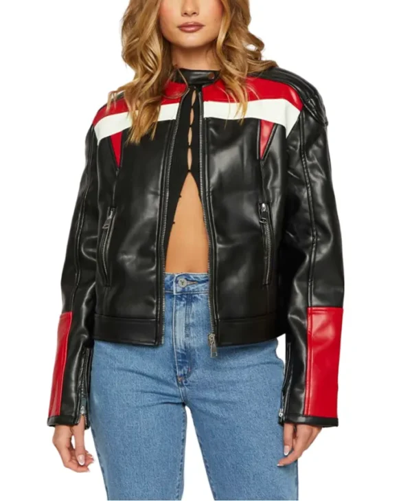 Cafe Racer Womens Red And Black Leather Jacket Main webp