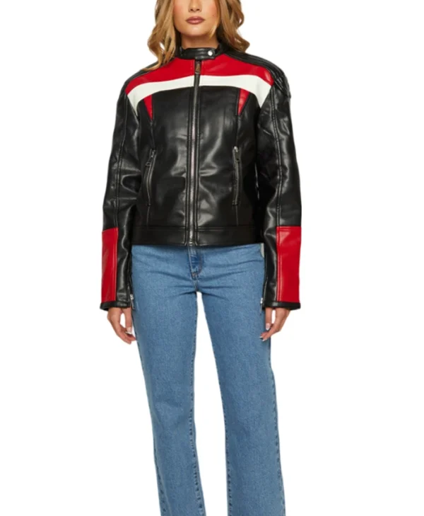 Cafe Racer Womens Red And Black Leather Jacket Pockets webp