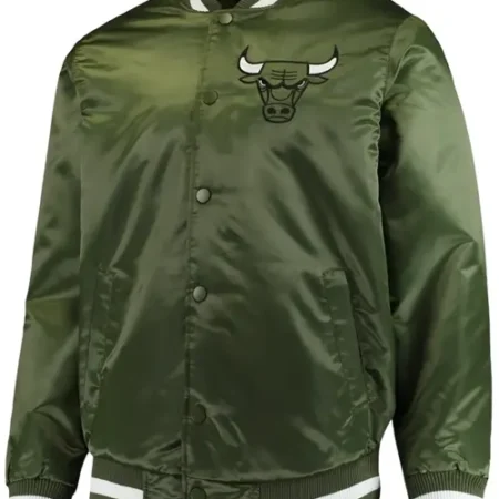 Chicago Bulls Forest Green Satin Varsity Jacket webp