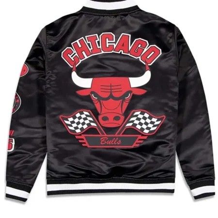 Chicago Bulls Rally Drive 2024 Satin Varsity Jacket Back webp